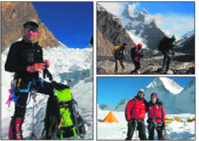 En la foto principal, Carlos Soria camino del Campo 1; arriba a la derecha, la expedición con la Torre de Mustang de fondo; abajo, Carlos Soria con Dani Salas en el Campo 1, a 6.000 metros  (Foto: C. SORIA)