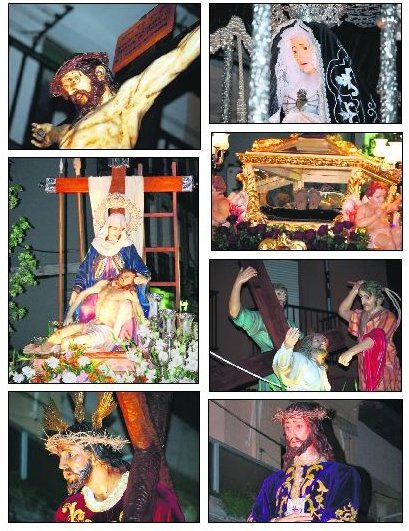 De izquierda a derecha y de arriba a abajo: imágenes del Cristo de la Buena Muerte, la Virgen de la Soledad, la Piedad, el Santo Sepulcro, Nuestro Padre Jesús Caído, el Nazareno y Jesús de Medinaceli / E. P.