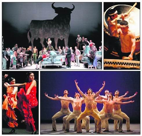 En la parte superior, imagen del montaje de ‘Carmen’, con dirección escénica de Calixto Bieito; y dos de los integrantes del espectáculo japonés de percusión ‘Kodo’; abajo, ‘Flamenco Republic’, de María Pagés, y el Corella Ballet Castilla y León / ARCHIVO