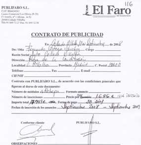 imagen del contrato de publicidad entre ‘El Faro’ y el Ayuntamiento de Villalba, que finalizó en septiembre de 2009