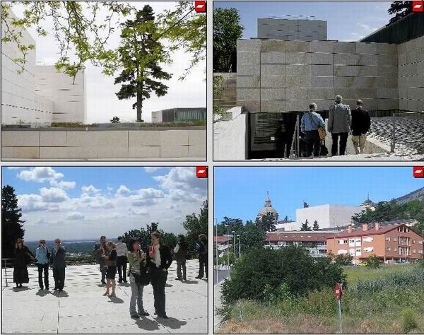 Cuatro imágenes del auditorio: el cuerpo central, estructurado en torno a un pinsapo de gran porte; entrada principal a este nuevo espacio cultural; la terraza, con unas espléndidas vistas (al fondo, el pantano de Valmayor); y la perspectiva del auditorio desde la zona de El Tomillar.
