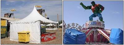 Izquierda, la carpa instalada para las fiestas de San Antonio; derecha, una de las atracciones  (Foto: A. O.)