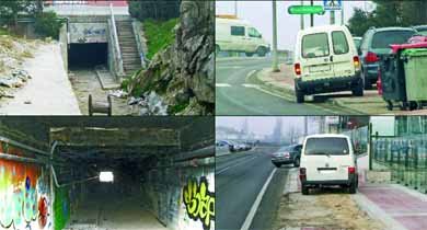 En las fotos se puede observar el túnel peatonal, sucio y abandonado, y varios coches aparcados sobre la acera  (Foto: A. SÁNCHEZ)