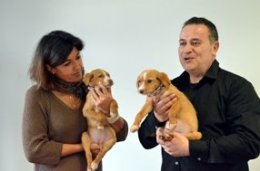 Sara Villa, edil de Educación, y Jesús Más, de Fenixcan, con dos de los cachorros recientemente adoptados