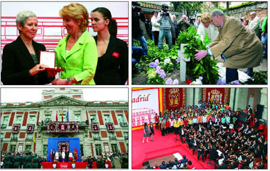 Arriba, la presidenta autonómica, Esperanza Aguirre, entregando la Gran Cruz de la Orden del Dos de Mayo de la Comunidad de Madrid a la viuda de Paquito Fernández Ochoa; y un momento del homenaje en el cementerio de la Florida. Abajo, imagen de la parada militar y de uno los actos celebrados en la Real Casa de Correos, sede del Gobierno regional  (Foto: COMUNIDAD DE MADRID)