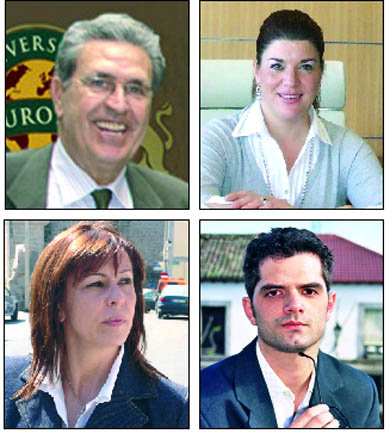 Arriba, el número dos en la lista del PP, Rogelio Baón, y la alcaldesa, Pilar López Partida; abajo, los candidatos de PIVALDE y Progresistas de Valdemorillo, Carmen Villanueva y Manuel Franco