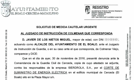 El Ayuntamiento solicita ante el juzgado medidas cautelares urgentes contra el corte de luz