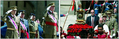 A la izquierda, don Juan Carlos y don Felipe, escuchando el himno nacional; a la derecha, imagen del cortejo procesional en el Patio de Reyes  (Foto: WWW.CASAREAL.ES)