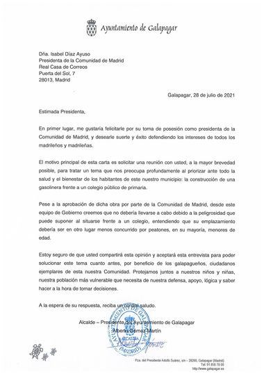 El alcalde de Galapagar pide a Ayuso evitar la construcción de una gasolinera frente a un colegio del municipio