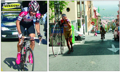 A la izquierda, Sastre en plena escalada; a la derecha, imagen de ciclistas subiendo la gran rampa de Cañada Nueva, a casi el 20 %   (Foto: ARCHIVO / RICARDO M. PEÑA)